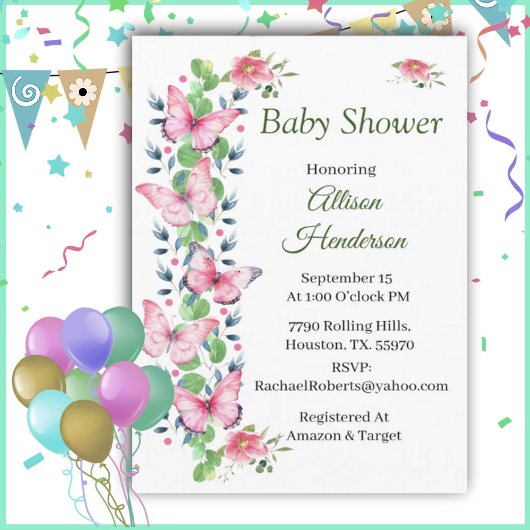 Roze vlinders en Ivy Baby shower Invitation Kaart