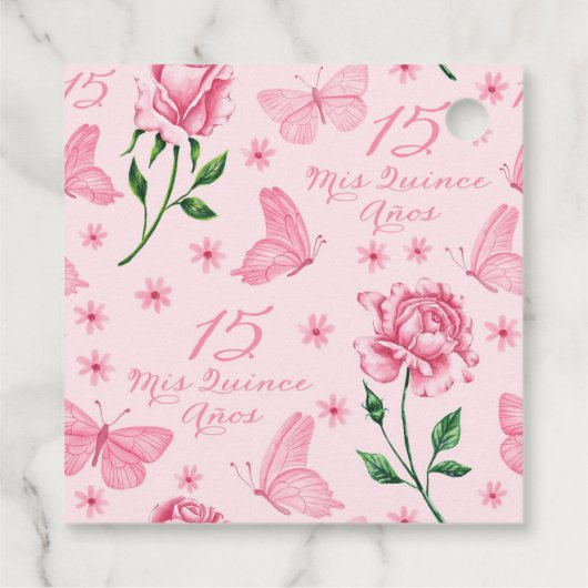 Roze Vlinders en Rozen Floral Quinceañera Bedankjes Labels (Achterkant)