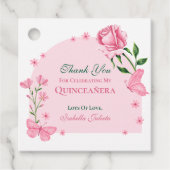 Roze Vlinders en Rozen Floral Quinceañera Bedankjes Labels (Voorkant)