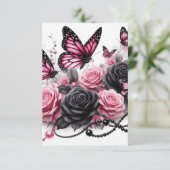 Roze vlinders en Rozen met zwarte parels Bedankkaart (Staand voorkant)