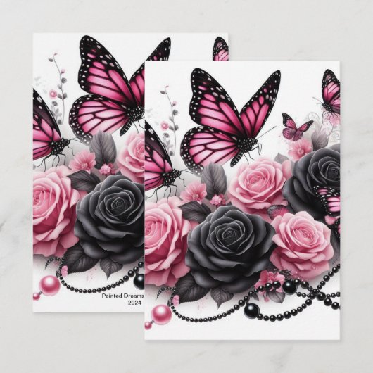 Roze vlinders en Rozen met zwarte parels Bedankkaart (Voorkant / Achterkant)
