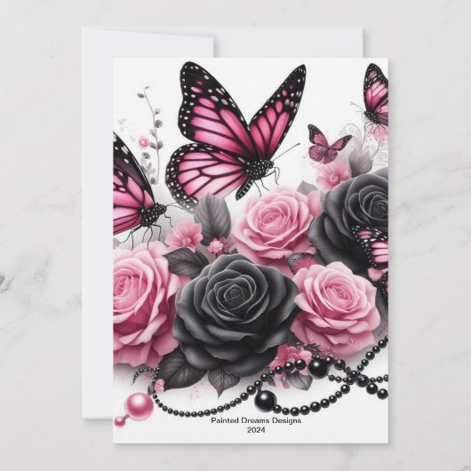 Roze vlinders en Rozen met zwarte parels Kaart (Achterkant)