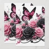 Roze vlinders en Rozen met zwarte parels Kaart (Voorkant / Achterkant)