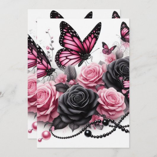 Roze vlinders en Rozen met zwarte parels Kaart (Voorkant / Achterkant)