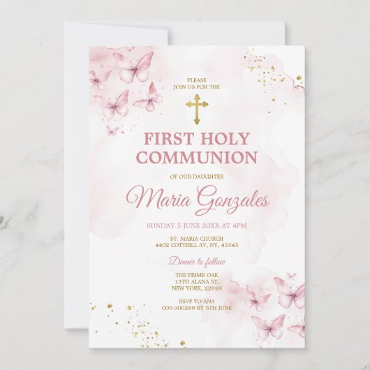 Roze Vlinders Gouden Kruis Eerste Heilige Communie Kaart (Voorkant)