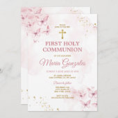 Roze Vlinders Gouden Kruis Eerste Heilige Communie Kaart (Voorkant / Achterkant)