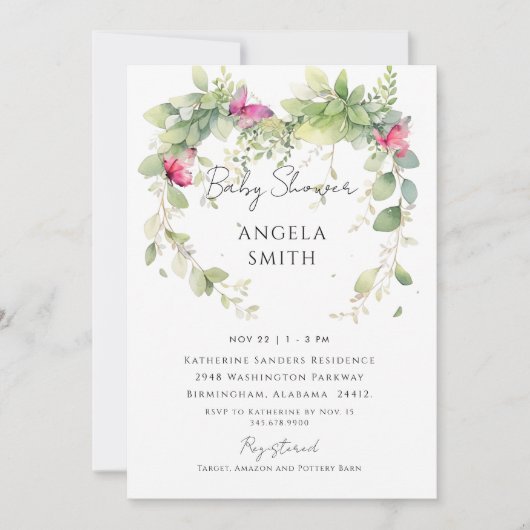 Roze Vlinders in Foliage Elegant Baby shower Kaart (Voorkant)