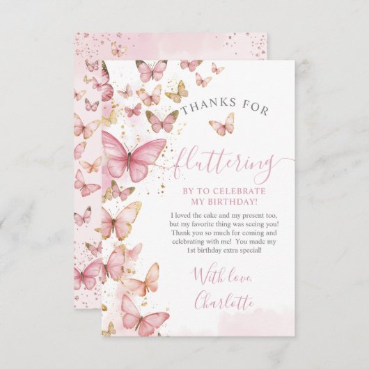  Roze Vlinders Meisje 1e Eerste Verjaardag Bedankkaart (Voorkant / Achterkant)