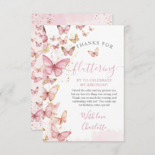 Roze Vlinders Meisje 1e Eerste Verjaardag Bedankkaart