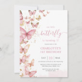  Roze Vlinders Meisje 1e Eerste Verjaardag Kaart (Voorkant)