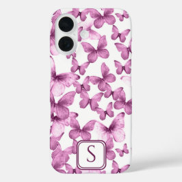 Roze Vlinders Modern Elegant Custom Monogram iPhone 16 Hoesje