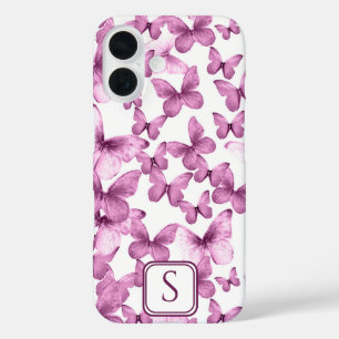 Roze Vlinders Modern Elegant Custom Monogram iPhone 16 Hoesje