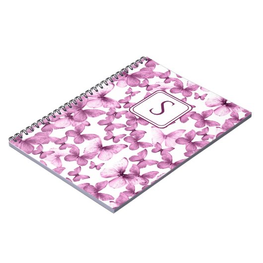 Roze Vlinders Modern Elegant Custom Monogram Notitieboek (Linkerzijde)