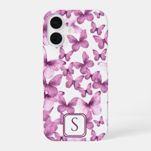 Roze Vlinders Moderne Elegante Aangepaste Monogram iPhone 16 Hoesje