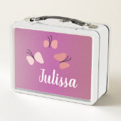 Roze Vlinders Nep Glitters Naam Metal Lunchbox (Achterkant)