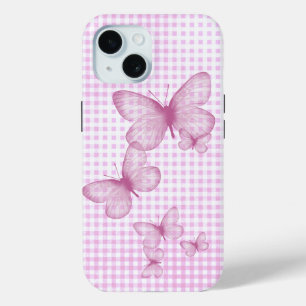 Roze vlinders op Gingham iPhone 15 Case