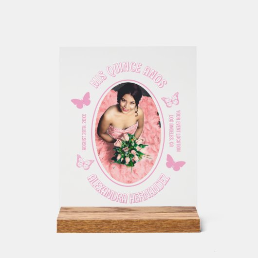 Roze Vlinders Quinceanera Acryl Bord (Voorkant)