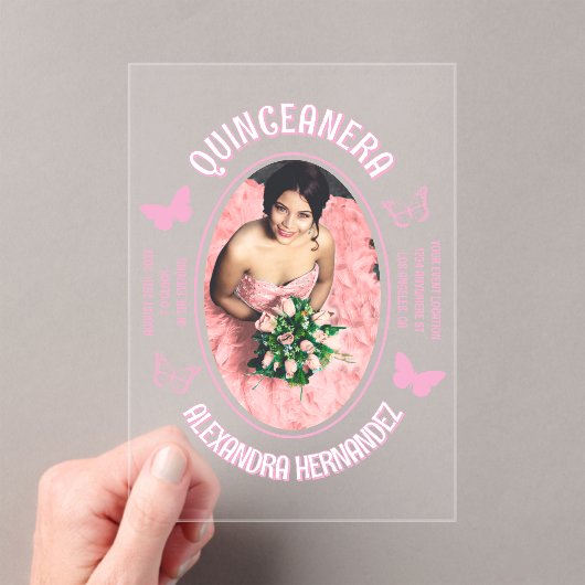 Roze Vlinders Quinceanera Acryl Uitnodigingen (Insitu (Draagbaar))