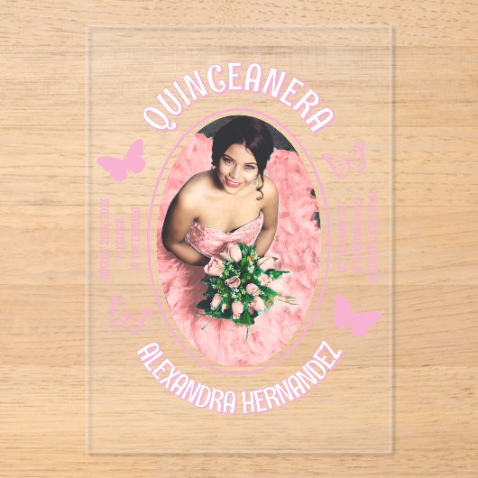 Roze Vlinders Quinceanera Acryl Uitnodigingen (Voorkant)