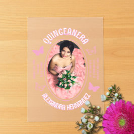 Roze Vlinders Quinceanera Acryl Uitnodigingen