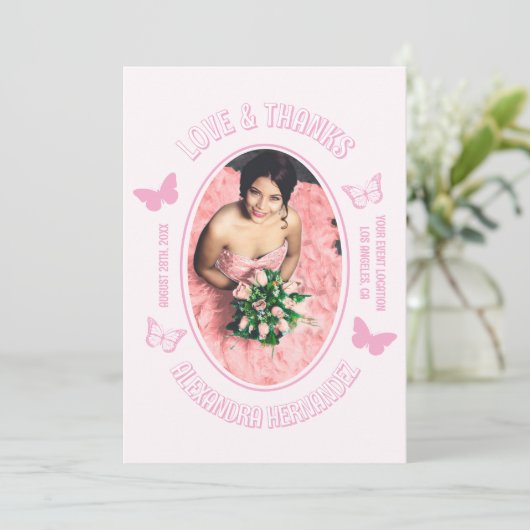 Roze Vlinders Quinceanera Bedankkaart (Staand voorkant)