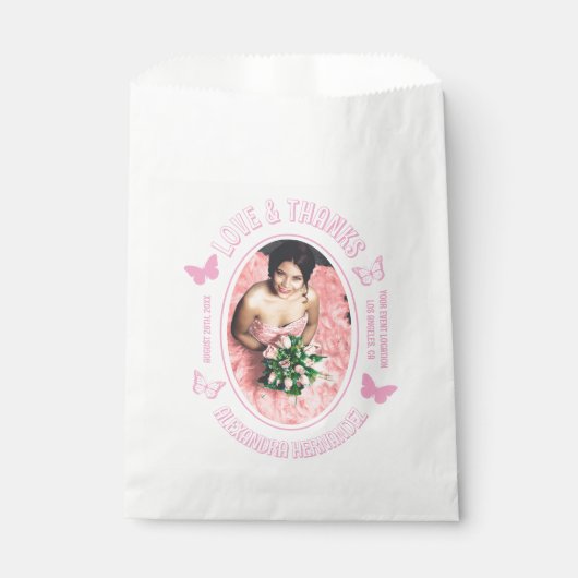 Roze Vlinders Quinceanera Bedankzakje (Voorkant)