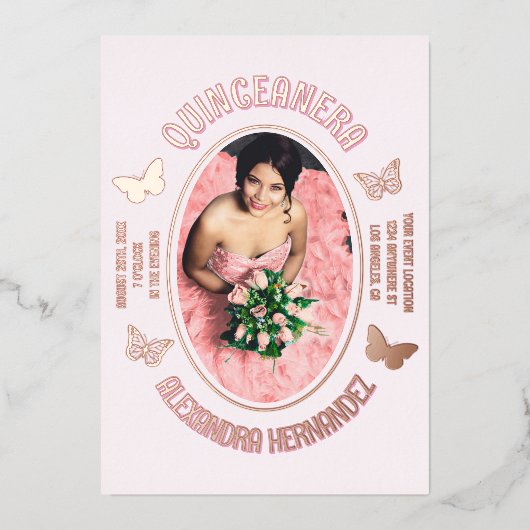 Roze Vlinders Quinceanera Folie Uitnodiging (Voorkant)