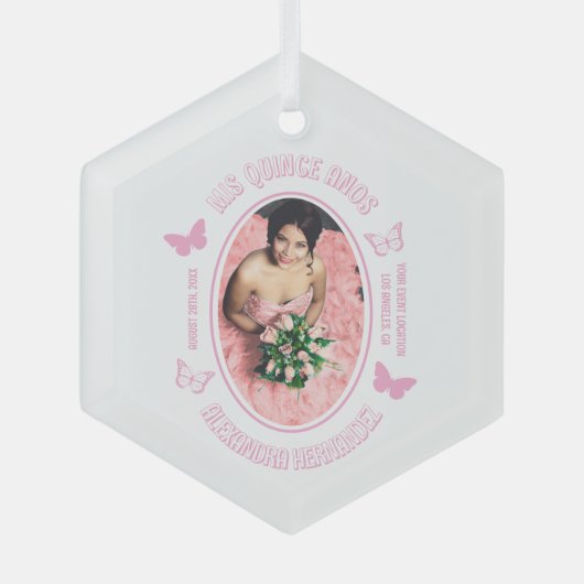 Roze Vlinders Quinceanera Glas Ornament (Voorkant)
