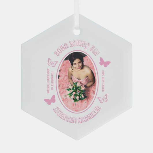 Roze Vlinders Quinceanera Glas Ornament (Achterkant)