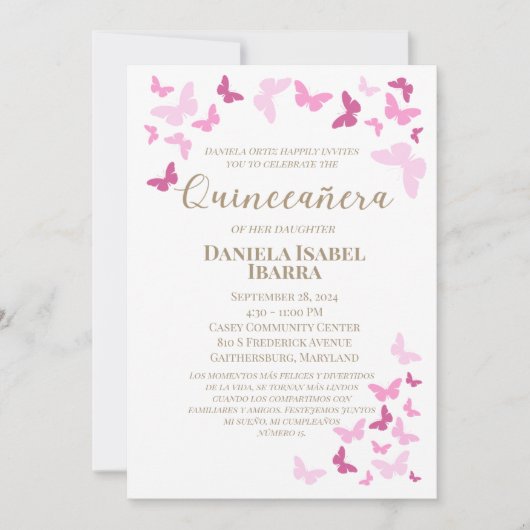Roze Vlinders Quinceañera Goud Custom Kaart (Voorkant)