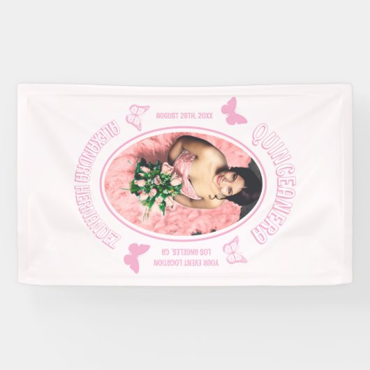 Roze Vlinders Quinceanera Spandoek (Horizontaal)