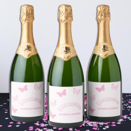 Roze Vlinders Quinceanera Sparkling Wijnetiket