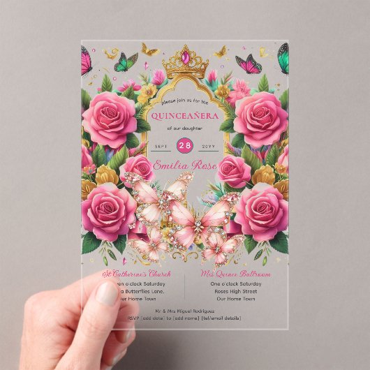 Roze Vlinders QUINCEANERA Tiara Floral Rozen Acryl Uitnodigingen (Insitu (Draagbaar))