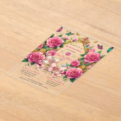 Roze Vlinders QUINCEANERA Tiara Floral Rozen Acryl Uitnodigingen (Laagn)