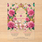 Roze Vlinders QUINCEANERA Tiara Floral Rozen Acryl Uitnodigingen (Voorkant)