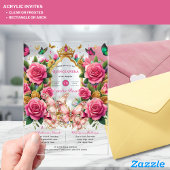 Roze Vlinders QUINCEANERA Tiara Floral Rozen Acryl Uitnodigingen