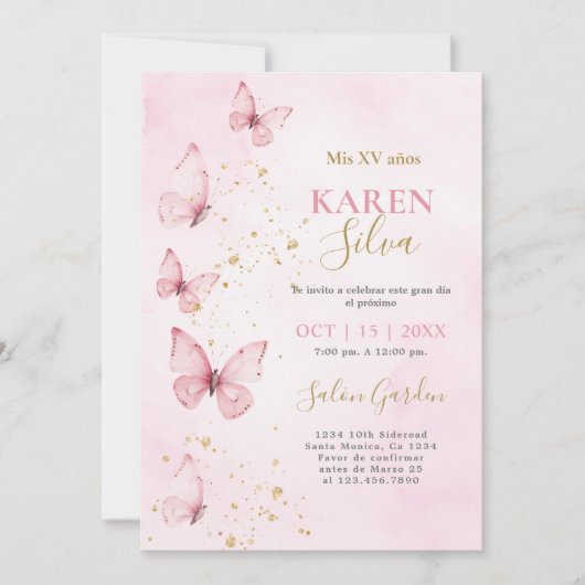 Roze Vlinders Quinceañera Uitnodiging (Voorkant)