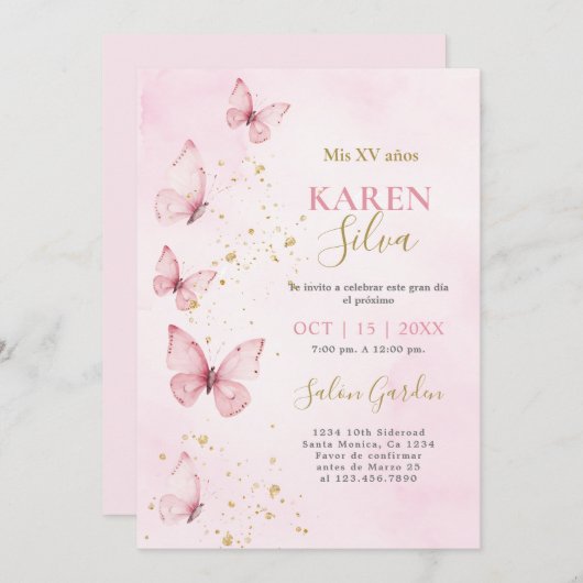 Roze Vlinders Quinceañera Uitnodiging (Voorkant / Achterkant)