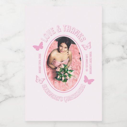 Roze Vlinders Quinceanera Wijn Etiket (Enkel label)