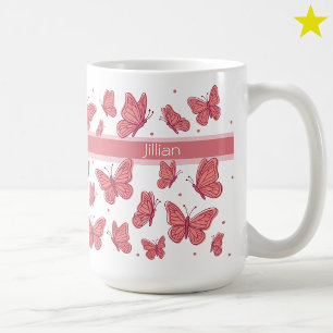Roze Vlinders & Stippen Aangepaste Naam Monogram Koffiemok