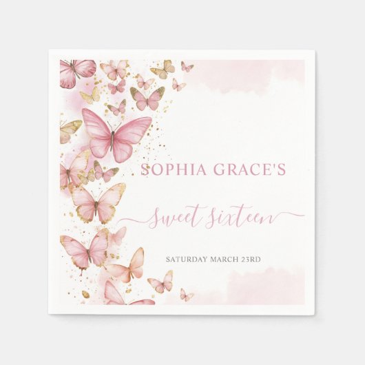  Roze Vlinders Sweet 16 Quinceanera XV 15 Servet (Voorkant)