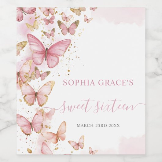  Roze Vlinders Sweet 16 Quinceanera XV 15 Wijn Etiket (Enkel label)