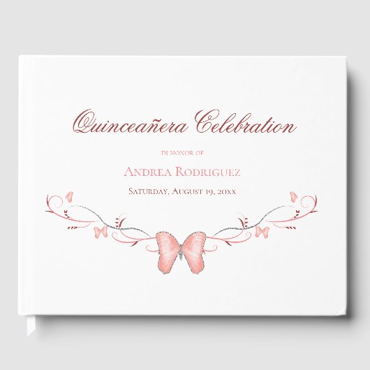 Roze Vlinders & Swirls Quinceañera Gastenboek (Voorkant)