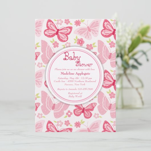 Roze Vlinders Uitnodiging (Staand voorkant)