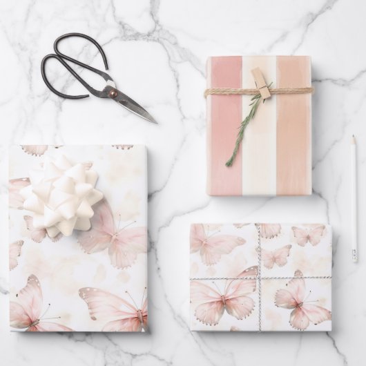 roze vlinders verjaardag inpakpapier vel (Voorkant)