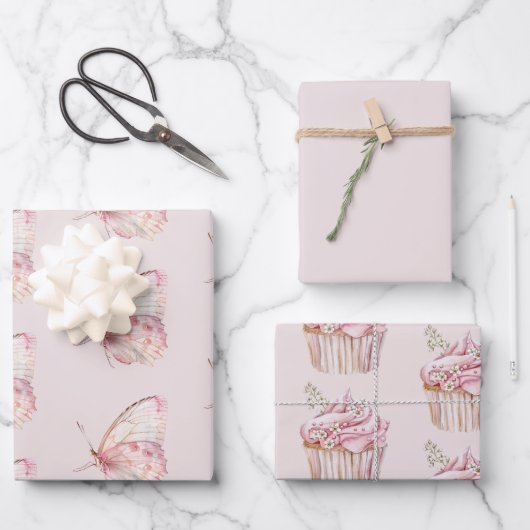  roze vlinders verjaardag inpakpapier vel (Voorkant)