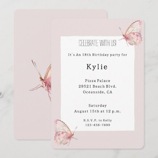  roze vlinders verjaardag kaart (Voorkant / Achterkant)