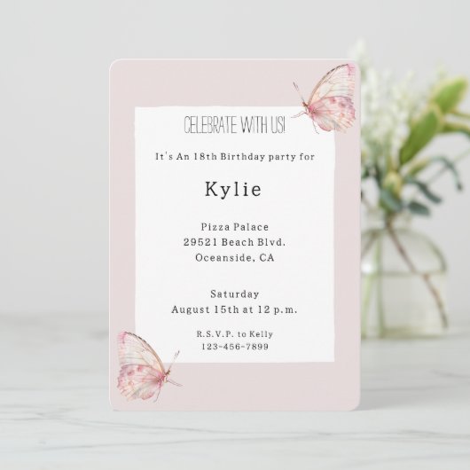  roze vlinders verjaardag kaart (Staand voorkant)