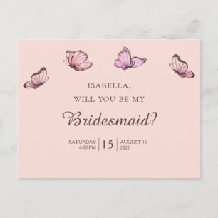 Roze vlinders. Wil je mijn bruidsmeisje zijn Briefkaart