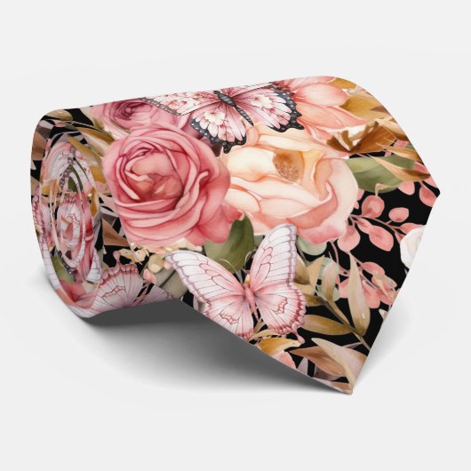 Roze Vlindertuin Bloemen Stropdas (Opgerold)